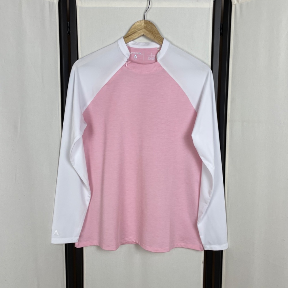 Antigua Pink White Raglan Sleeve Pullover Top Shoulder Zip Size L Pickleball